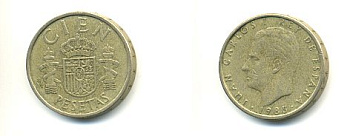 ИСПАНИЯ 100 ПЕСЕТ 1985 KM 826 алюминиевая бронза 54-2247