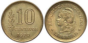 Аргентина 10 сентаво 1970 голова свободы влево KM 66 алюминиевая бронза XF-UNC 4181-219