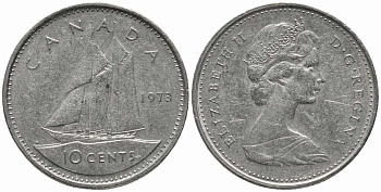 КАНАДА 10 ЦЕНТОВ 1973 ЕЛИЗАВЕТА II, ПАРУСНИК KM 77.1 никель 112-433