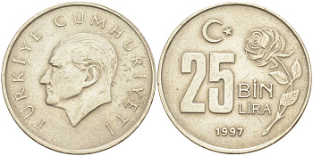 Турция 25000 лир 1997 Мустафа Кемаль Ататюрк KM 1041 медь никель цинк 106-726
