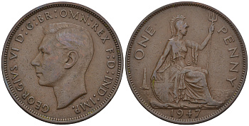 Великобритания 1 пенни 1947 Георг VI (1936-1952) KM 845, Spink 4114 бронза 4607-1132