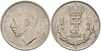 Люксембург 5 франков 1976 Великий герцог Жан (1964-2000) KM 56 медно-никель 4597-1151