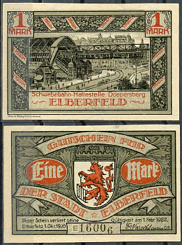 Германия, Эльберфельд 1 марка 1922 нотгельд, городские виды, серая Mehl 324.1 бумага UNC (пресс) 444-51-3-2
