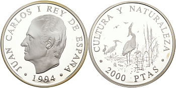 Испания 2000 песет 1994 серия культура и природа, рыжая цапля на болоте KM 940 серебро PROOF 00-000-00