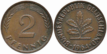 ФРГ 2 ПФЕННИГА 1964 D KM 106, J. 381 бронза 112-141