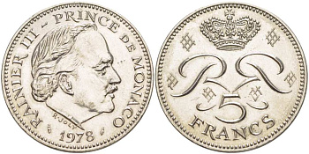 Монако 5 франков 1978 Ренье III (1949-2005) KM 150 медно-никель плакированный никелем XF-UNC 4517-324