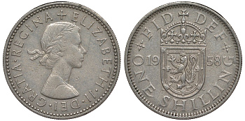 Великобритания 1 шиллинг 1958 Елизавета II (1952-2022), Шотландский герб KM 905, Spink 4148 медно-никель 4128-745