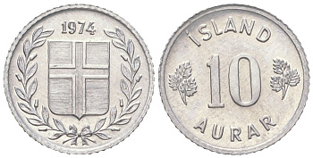 Исландия 10 эйре 1974 KM 10a алюминий UNC 4611-421