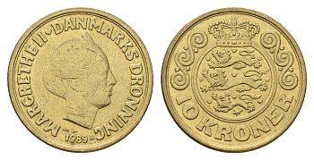 Дания 10 крон 1989 NR, Маргрете II (1972-2024) KM 867 алюминиевая бронза aUNC 119-1214
