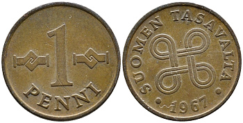 Финляндия 1 пенни 1967 KM 44 медь 45-1213