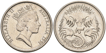 АВСТРАЛИЯ 5 ЦЕНТОВ 1991 ЕЛИЗАВЕТА II, ВТОРОЙ ПОРТРЕТ В КОРОНЕ, ЕХИДНА KM 80 медно-никель 4564-249