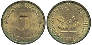 ФРГ 5 ПФЕННИГОВ 1976 G KM 107, Jager 382 сталь плакированная латунью 4547-755