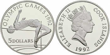 ОСТРОВА КУКА 5 ДОЛЛАРОВ 1992 ОЛИМПИЙСКИЕ ИГРЫ В 1992 ГОДА В БАРСЕЛОНЕ, ПРЫЖКИ В ВЫСОТУ, ВЕС 9,95 ГР., ТИРАЖ 150000 ЭКЗ. KM 252 серебро PROOF 1087-1-73