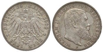 Вюртемберг 3 марки 1909 F, Вильгельм II (1891-1918) Weege 171, J.175, KM 635 серебро 413-1622