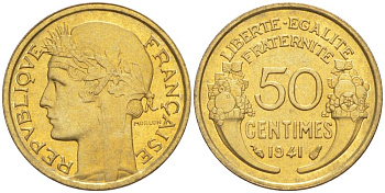 ФРАНЦИЯ 50 САНТИМОВ 1941 ТИП MORLON KM 894.1, LE FRANC 192.18 алюминиевая бронза 44-457