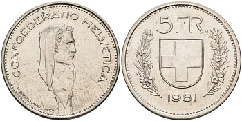 Швейцария 5 франков 1981 KM 40а медно-никель 88-1043