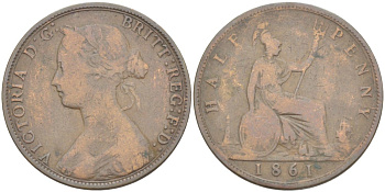 Великобритания 1/2 пенни 1861 Виктория (1837-1901) KM 748.2, Spink 3956 бронза 4543-1137