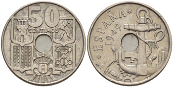 ИСПАНИЯ 50 СЕНТИМО 1949 (62) ФРАНСИСКО ФРАНКО ДИКТАТОР ИСПАНИИ ( 1939- 1975) , МОРСКАЯ АТРИБУТИКА KM 777 медно-никель 216-523