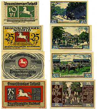 ВЕСТФАЛИЯ НАБОР ИЗ 4 БАНКНОТ 1 МАЯ 1921 - 1 МАЯ 1923, НОТГЕЛЬД (10, 25, 50, 75 ПФЕННИГОВ), ЗЕМЛЯ СЕВЕРНЫЙ РЕЙН-ВЕСТФАЛИЯ, СЕРИЯ BAD HARZBURG Grabowski 155.3 бумага 2193-7-1-2