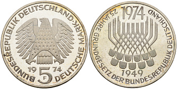 ФРГ 5 марок 1974 F, 25 лет со дня принятия конституции ФРГ KM 138, J.413 серебро UNC 75-314