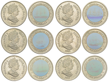 Острова Кука полный набор из 6 монет (1 доллар) 2003 Исторические корабли KM 746, 747, 748, 749, 750 и 751 медно-никель 00-00