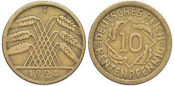 Германия 10 рентенпфеннигов 1924 E KM 33, J. 309 алюминиевая бронза 4604-644