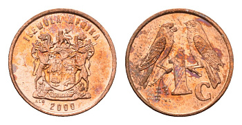ЮАР 1 цент 2000 герб, капские воробьи KM 170 сталь плакированная медью UNC 4694-149