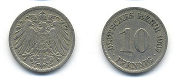 Германия 10 пфеннигов 1907 A KM 12, J. 13 медно-никель 58-313