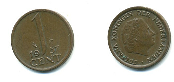 Нидерланды 1 цент 1957 Юлиана (1949-1980) KM 180 бронза 54-1117