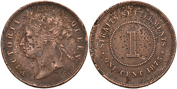 Стрейтс-Сетлментс 1 цент 1875 Виктория (1837-1901), Ост-Индская компания KM 9 медь 4590-423