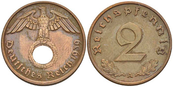 ГЕРМАНИЯ 2 РЕЙХСПФЕННИГА 1939 A KM 90, J. 362 бронза 261-942