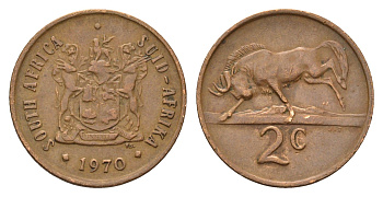 ЮАР 2 цента 1970 герб, антилопа гну KM 83 бронза 4178-221