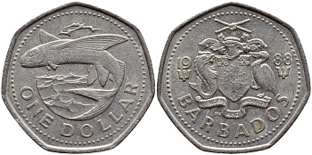 Барбадос 1 доллар 1988 летучая рыба KM 14.2 медно-никель 4398-252