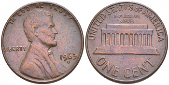 США 1 ЦЕНТ 1963 D, ЛИНКОЛЬН KM 201 медь цинк 44-929