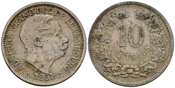 Люксембург 10 сантимов 1901 Адольф (1890-1905) KM 25 медно-никель 4602-429