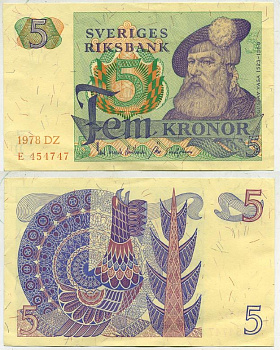 Швеция 5 крон 1978 DZ, Густав I Ваза Pick 51d бумага aUNC 444-97-2