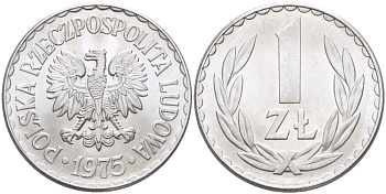 ПОЛЬША 1 ЗЛОТЫЙ 1975 КРЕМНИЦА KM 49.1, Parchimowicz 213m алюминий UNC 216-826