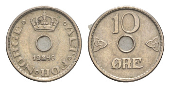 Норвегия 10 эре 1946 Хокон VII (1905-1957) KM 383 медно-никель 4651-435