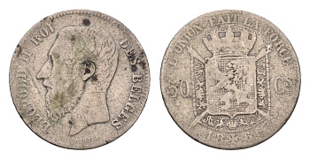 Бельгия 50 сантимов 1866 KM 26 серебро 71-634