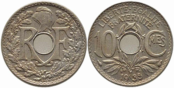 ФРАНЦИЯ 10 САНТИМОВ 1935 ТИП ЛИНДАЙЁ KM 866а, LE FRANC 138.22 медно-никель 108-222