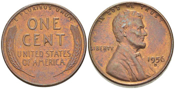 США 1 ЦЕНТ 1956 D, ЛИНКОЛЬН KM А132 медь цинк 218-659