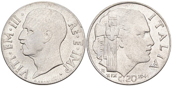 ИТАЛИЯ 20 ЧЕНТЕЗИМО 1941 R, ГОД XIX, ВИКТОР ЭММАНУИЛ III (1900-1946) KM 75b, VEM3. 1028 нержавеющая сталь 3853-1052