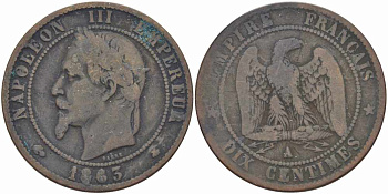ФРАНЦИЯ 10 САНТИМОВ 1863 A, НАПОЛЕОН III (1852-1870) KM 798.1, LE FRANC 134.8 бронза 4389-343