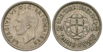 Великобритания 3 пенса 1940 Георг VI (1936-1952) KM 848, Spink 4085 серебро 4615-1036