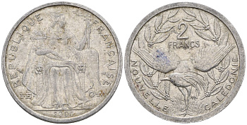 Французская Новая Каледония 2 франка 2006 птица кагу, (IEOM) KM 14, Schoen 11, Lec 68k алюминий    25-2257