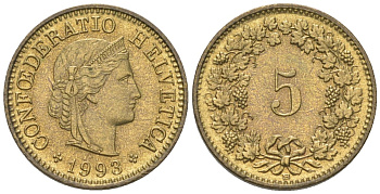 Швейцария 5 раппенов 1993 B KM 26c алюминиевая бронза aUNC 4115-1256