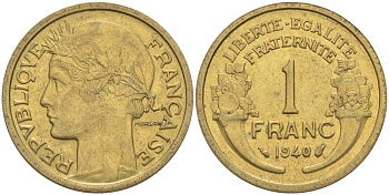 Франция 1 франк 1940 тип Морлон KM 885, LE FRANC 219.11 алюминиевая бронза 3853-222