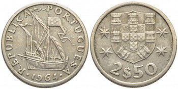 Португалия 2,5 эскудо 1964 парусник KM 590 медно-никель 105-1213