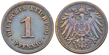 ГЕРМАНИЯ 1 ПФЕННИГ 1904 F KM 10, Jager. 10, Weege 2 медь 4528-1225