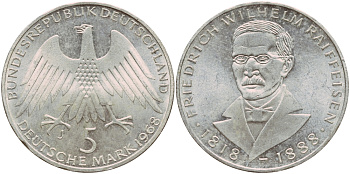 ФРГ 5 марок 1968 J, 150 лет со дня рождения Фридриха Вильгельма Райффайзена J. 396, KM 121 серебро aUNC 1529-141